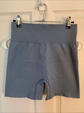 Ribbed High-Waist Stretch Bike Shorts - Slate Blue